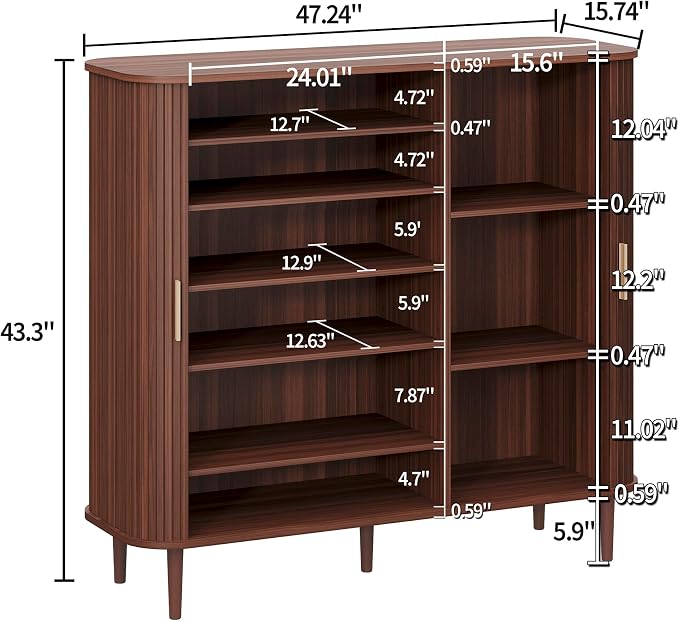DHH Shoe Storage Cabinet with Sliding Door, 6-Tier Shoe Cabinet with Adjustable Shelves, Modern Freestanding Shoe Storage Organizer for Entryway, Hallway, Living Room (Walnut, 47 ")