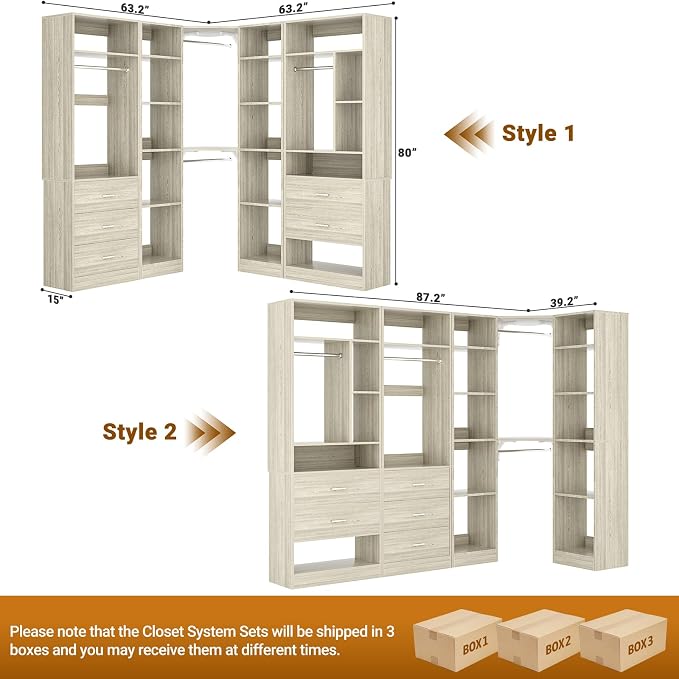Besiost Corner Closet System with 5 Drawers, Closet Organizer System with 15+Shelvess & 4 Hanging Rods, 63.2"L * 63.2"W / 87.2"L * 39.2"W Reversible L Shaped Walk-in Closets, Load 2500+LBS, White Oak