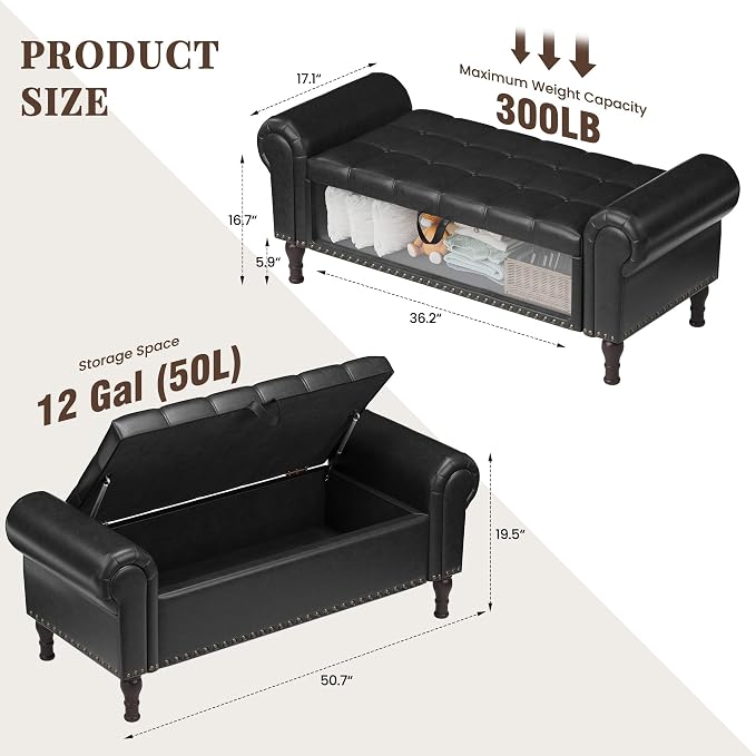 YOUDENOVA 51” Ottoman with Storage, Upholstered Storage Ottoman Bench with Rolled Arms, PU Leather Storage Bench for Bedroom, Living Room, Entryway, Black