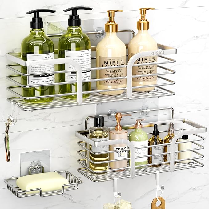 Yougai Shower Caddy, Shower Organizer with Soap Holder and Hooks, Rustproof Shower Shelves, No Drilling Bathroom Organizers and Storage, Wall-Mounted Kitchen & Home Decor (Silver)