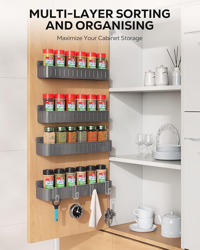 Nieifi Spice Rack Wall Mount, 4 Pack Grey, 2" Depth, Screw/Adhesive | Wall-Mounted with Removable Hooks Saves Counter Space, Fits 2" Deep Jars, Ideal for Kitchen Cabinets, Pantry Doors, and RVs.