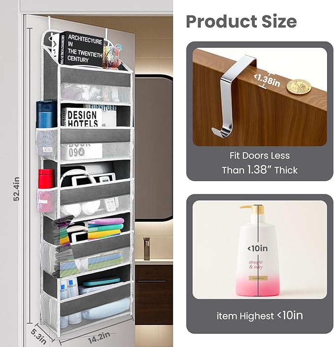 Over the Door Organizer with 10 Side Mesh Pockets,6 Shelf | 4 Shelf Capacity Hanging Behind the Door Kitchen Organizers&Storage Suitable for Storing Toys, Shoes, Towels, Dark Grey