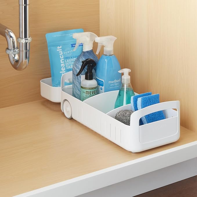 YouCopia RollOut Caddy Rolling Storage Bin with 2 Adjustable Dividers and Removable Basket for Kitchen and Bathroom Under Sink Organization, 8" Wide
