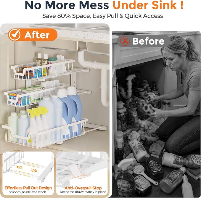 Under Sink Organizer, 2-Pack 3-Tier Height Adjustable Thickened Metal Pull out Cabinet Organizer Shelf, Slide out Storage Drawer Rack for Bathroom Kitchen Pantry Home Laundry Organization (White)