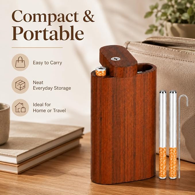 𝗢𝗻𝗲 𝗛𝗶𝘁𝘁𝗲𝗿 𝗣𝗶𝗽𝗲 Wood Storage Box Organizer Complete Set with 2 Metal Tubes and Cleaning Tool - Decorative Boxes for Crafts, Sewing, Keepsake,for Home Office Storage.