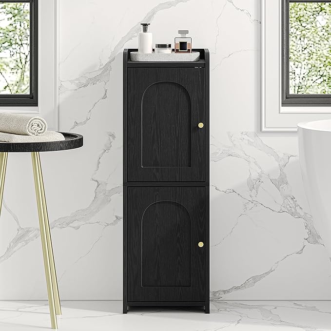 Hzuaneri Bathroom Storage Cabinet, Small Corner Floor Cabinet with 2 Doors | Narrow Toilet Paper Cabinets with Adjustable Shelf, Bathroom Organizer for Small Spaces, 7.9" D x 9.8" W x 29.5" H Black