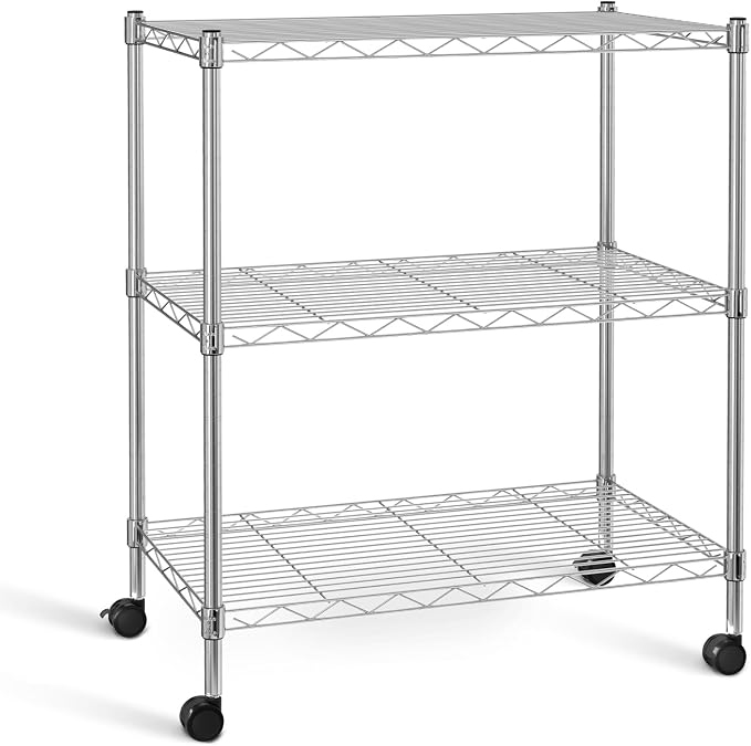 Simple Deluxe Heavy Duty 3-Shelf Shelving Unit with Wheels, Adjustable Steel Wire Shelving, Chrome Metal Shelf Organizer for Kitchen Organization and Storage, 750 lbs Capacity