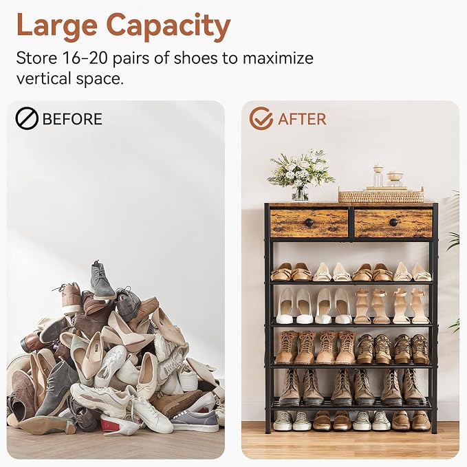 5 Tier Shoe Rack with 2 Drawers, 16-20 Pairs Rustic Brown | Holds 16-20 pairs. 2 drawers for socks/keys. Removable layer for boots. Anti-tip kit included. Quick assembly.