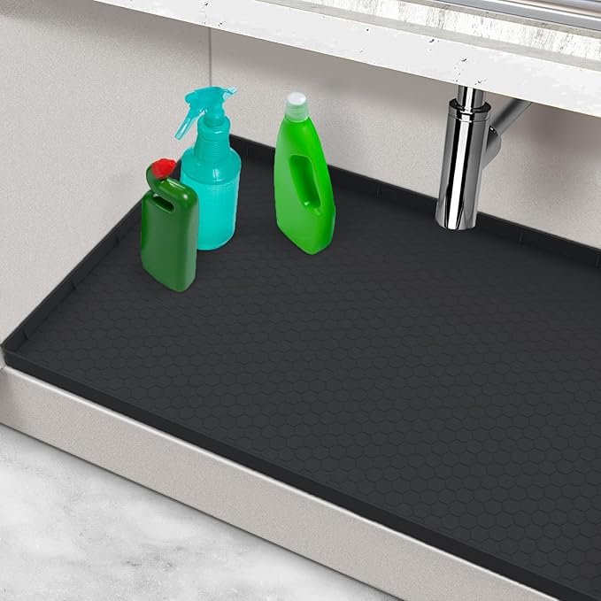 Under Sink Mat 28" x 22", Silicone Under Kitchen Sink Mat, Waterproof Under Sink Protector Mat, Shelf Liners Cabinet Liner for Kitchen and Bathroom, Black