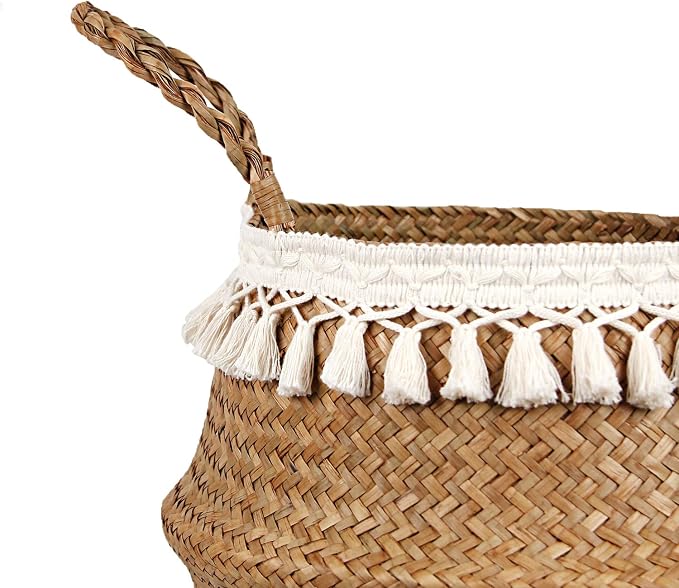 Boho Woven Seagrass Belly Basket for Storage Plant Basket or Toy Basket Living Bathroom (Large, Beige)