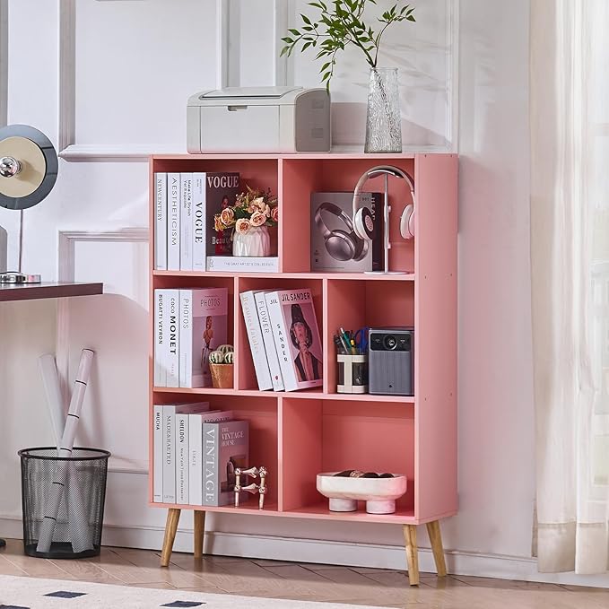 LEYAOYAO Cube Bookshelf, Mid-Century Modern Book Shelf with Legs,Light Pink | 3 Tier Bookcase, Rustic Wood Bookshelves Freestanding Small Storage Organizer, Open Shelves for Bedroom, Living Room, Office