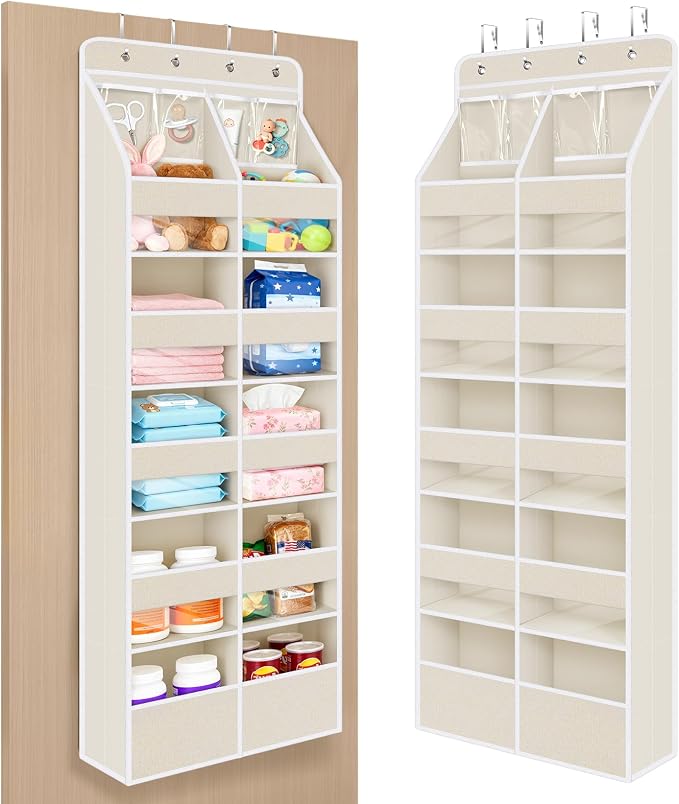 Univivi Upgraded Over Door Organizer for Baby Stuff, Beige Pattern, 6-Shelf | Fabric Behind Door Storage with Clear Window Deep Pockets, Over Door Hanging Organizer for Baby Essential, Bedroom, and Dorm