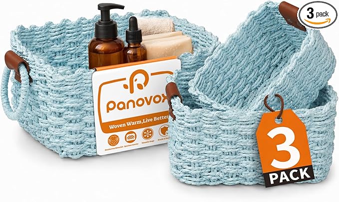 Small Wicker Baskets, 3 PCS Paper Rope Baskets for Shelves, Light | Recycled Small Baskets, 3 Sizes Woven Baskets for Organizing, Decorative Storage Baskets for Bedroom and Bathroom
