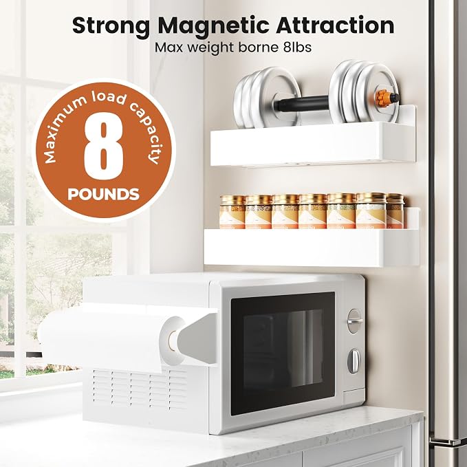 Magnetic Spice Rack for Refrigerator,8 Pack Magnetic Shelf,Fridge Magnet Organizer with Paper Towel Holder,Utensils Racks,Hook Rack,Deepened Basket,Fridge Organizers and Storage White(8 Pack)