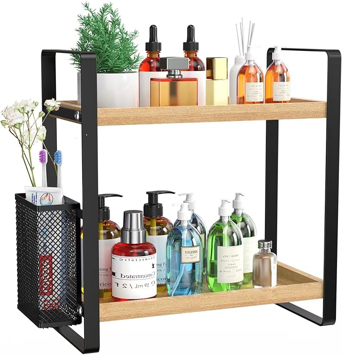 2-Tier Wood Bathroom Counter Organizer with Basket,Waterproof Vanity Perfume Skincare Storage for Bathroom, Kitchen, Dresser