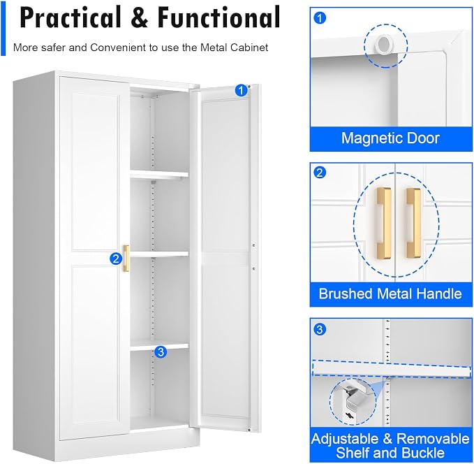 Polup 60" White Metal Kitchen Pantry Storage Cabinet with Doors and Shelves | Freestanding Cupboard, Cold-Rolled Steel, 4-Tier Heavy Duty, Adjustable Shelving, Gold Handles, for Garage Office & Laundry
