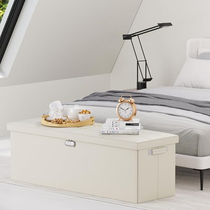 DocSafe Storage Ottoman Bench,Fireproof＆Waterproof Folding Bench with Lock(15”x 43”x15”),Leather Storage Chest with Handles＆2 Extra Boxes,Ottoman Safe for Bedroom,Living Room,Home Office,Beige