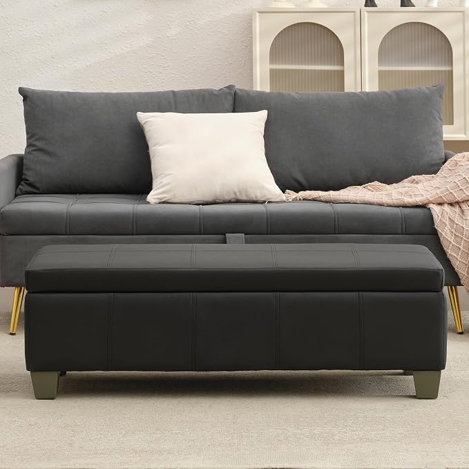51 Inch Storage Ottoman, Storage Bench with Safety Hinge, Upholstered Synthetic Leather Ottoman Bench for Bedroom, Living Room, Entryway, Hallway, Foot Rest, Support 500lbs, Black