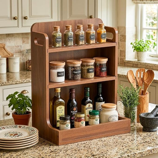 Solid Wood 3-Tier Spice Rack Countertop Organizer Kitchen Storage Shelf | Sturdy wood desktop shelf for spices, coffee bars & bathroom vanities. Features portable handles & full back stability.