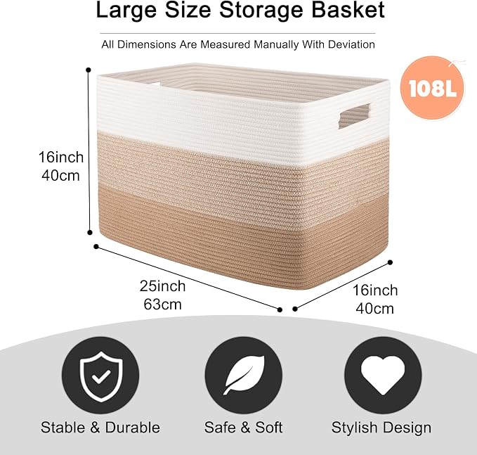 OIAHOMY 108L Super Large Blanket Basket, 25”x16”x16” Rectangle Woven Baskets for Storage, Cotton Rope Basket For Living Room, Toy Storage with Handle- Gradient Light Brown