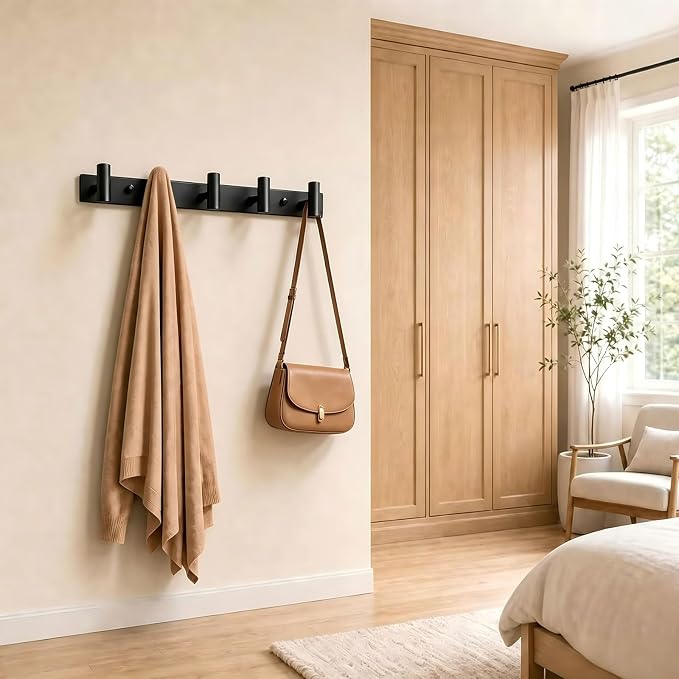 Coat Rack Wall Mounted with 5 Hooks,Heavy Duty Stainless Steel Wall Hooks for Towel Coat Bag, Hat Rack Coat Hanger Coat Hooks Towel Racks for Bathroom Entryway Kitchen Hotel (Black, 2 Packs)