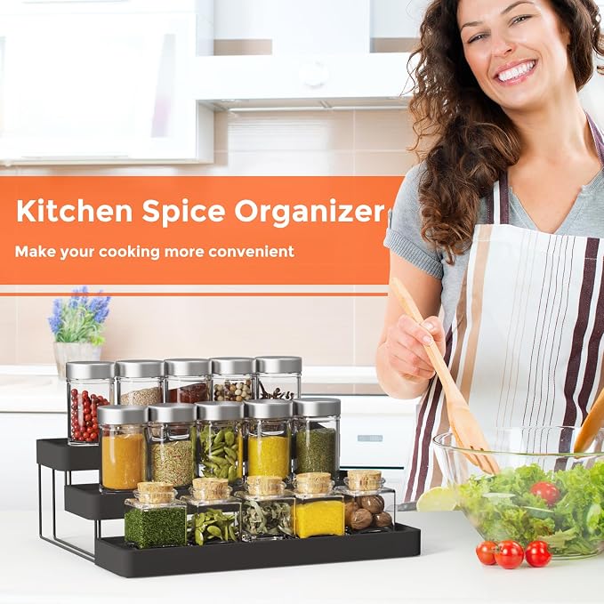 Expandable Spice Rack Organizer - 3 Tier Adjustable Spice Organizer for Cabinet & Countertop - Easy Visibility - Black