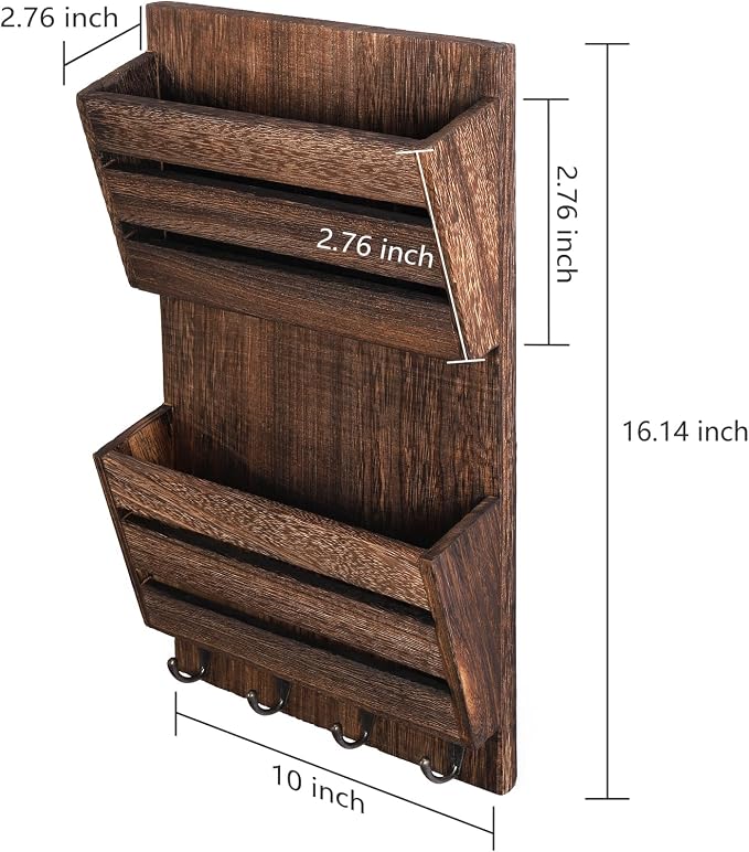 MOOACE Mail Organizer Wall Mount, Wood Mail and Key Holder with Hooks | 2-Slot Mail Sorter Organizer, Office File Organizer Letter Folder for Home Farmhouse Entryway Wall Decor