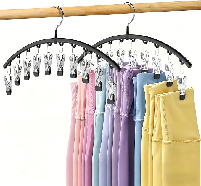 Volnamal Legging Organizer for Closet,2 Pack Metal Yoga Pants Hangers w/10 Clips Hold 20 Leggings,Space Saving Hanging Closet Organizer Clothes Hanger College Dorm Essentials Apartment Essential,Black