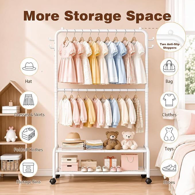 Rolling Kids Clothing Rack: 360° Wheels 2 Lockable for Easy Moving | 44 lb Hanging Capacity Metal Garment Rack with 2 Storage Shelves & 4 Hooks for Baby Toddler Young Kids, White