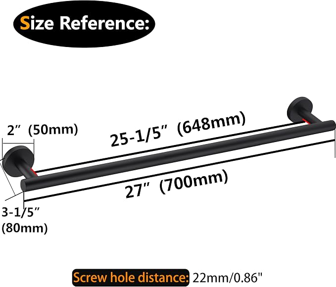 Towel Bar for Bathroom Matte Black, 27Inch Towel Rack Wall Mounted, Thicken Round Bath Towel Holder Rod SUS304 Stainless Steel, Heavy Duty Dish Cloths Hanger for Bathroom, Kitchen