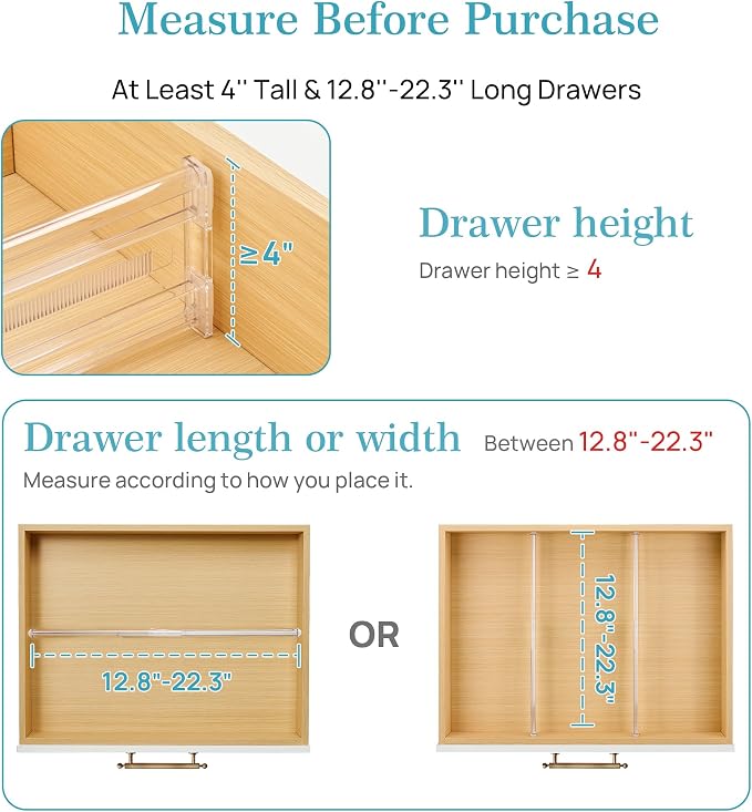 Vtopmart 12 Pack 4" Regular Upgrade Drawer Dividers for Clothes, 12.8"-22.3" Expandable Dresser Drawer Organizer, Clear Plastic Separators for Dresser, Baby Clothing, Underwear, Cosmetic, Toiletries