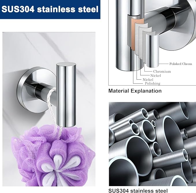 5 Pieces Polished Chrome Bathroom Hardware Accessories Set, SUS304 Stainless Steel 24 Inch Bath Towel Bar Set, Round Bathroom Towel Holder Set, Towel Racks for Bathroom Wall Mounted