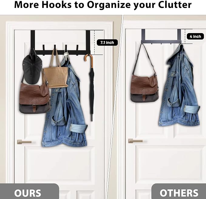 Optish Over The Door Hooks, Door Hanger Hooks for Hanging, Over The Doors Towel Racks for Bathroom with 12 Coat Hook, Coat Rack Bathroom Accessories（2 Pack, Black）