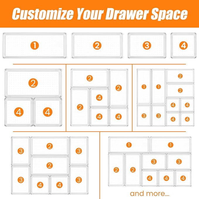 9 Pack Clear Plastic Drawer Organizer Set, Acrylic Non Slip Non Cracking Kitchen Drawer Storage Tray Large Size Divider, Multifunctional Storage for Cosmetics, Bathroom, Tools, Kitchen and Office