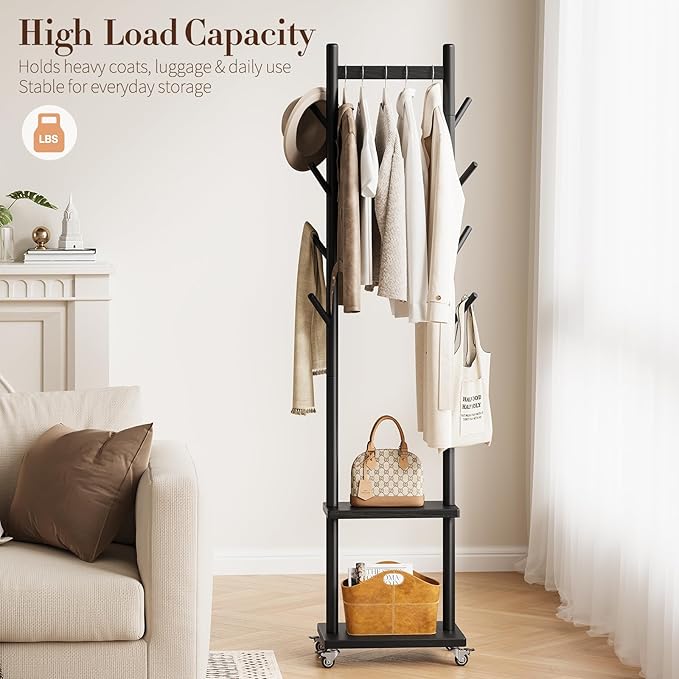 Yoobure Solid Wood Coat Rack Freestanding - Rolling Clothes Rack with 8 Hooks & Shelves, Small Clothing Rack with Wheels, Heavy Duty Clothing Racks for Hanging Clothes, Portable Hall Tree for Entryway