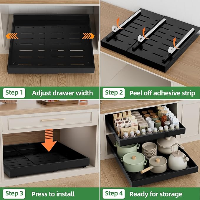 PAKETA 1 Pack Expandable Pull Out Cabinet Organizer,21" Deep | Pull Out Drawers for Cabinets with width from 12" to 20",Sliding Drawers for Cabinets with Upgrade 3 Slide Rails,hold 65 lbs