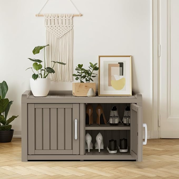 ROJIK Shoe Cabinet Storage Bench Indoor Outdoor, Waterproof UV-Resistant Resin Entryway Furniture with Adjustable Shelves for Hallway, Living Room and Bedroom (Double Door,Grey)