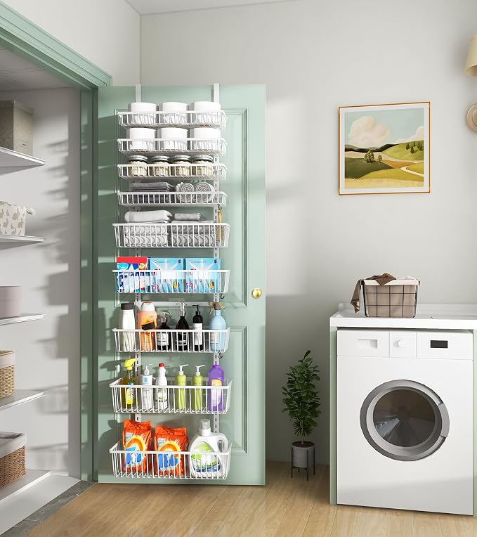 Mefirt White 9-Tier Over The Door Pantry Organizer, Pantry Organization | Pantry Hanging Organizers and Storage, Adjustable Heavy-Duty Metal for Home & Kitchen, Back of Door Seasoning Rack