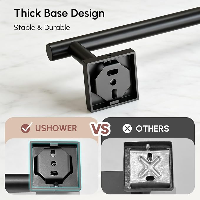 Matte Black Towel Bar, 24 Inch Towel Racks for Bathroom | Thicken 304 Stainless Steel Towel Holder with Square Base, Towel Rod Wall Mounted, Modern Home Decor (Total Length 26 Inch)