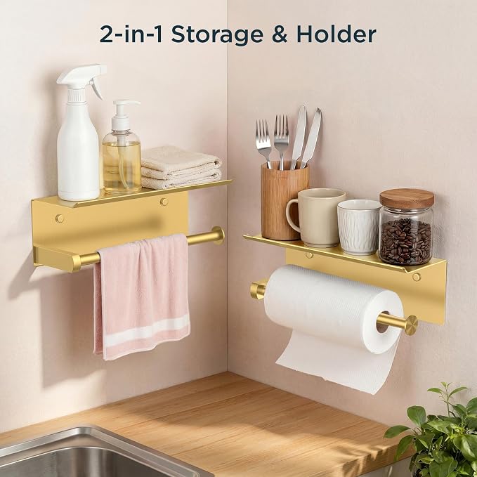 FORIOUS Wall Mount Paper Towel Holder with Shelf for Kitchen, Brushed Gold | Heavy Duty SUS304 Stainless Steel Paper Roll Organizer with Storage Spice Shelf, Screw-in for Bathroom, RV & Garage