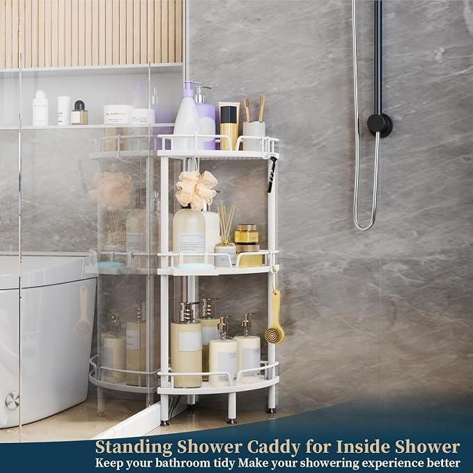 Consumest Corner Shower Caddy Standing - 3 Tier Shower Organizer with Soap Holder, Tall Floor Storage Rack with Adjustable Feet & 4 Hooks, Bathroom Corner Shelf, White
