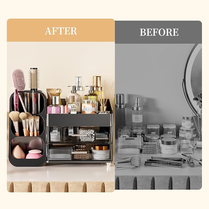 Makeup Organizer with Drawers for Vanity Bathroom Counter Organizers and Storage, Large Skincare Organizer with Brush Toothbrush Holder for Perfume, Nail Polish, Dresser, Office Supplies, Black
