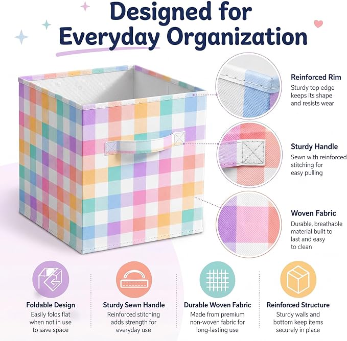 6 Pcs 11 Inch Pastel Checked Fabric Storage Cube Bin Woven Foldable Gingham Storage Cube for Classroom Basket Bin Organizer with Handle Decor for Organizing Clothes, Toy, Book