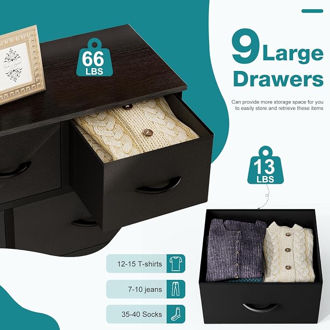 OLIXIS 9 Drawer Fabric Storage Dresser Chest Organizer Unit, Black | Sturdy and lightweight fabric drawers with easy-pull handles. Space-saving versatile organizer for clothes, bedroom