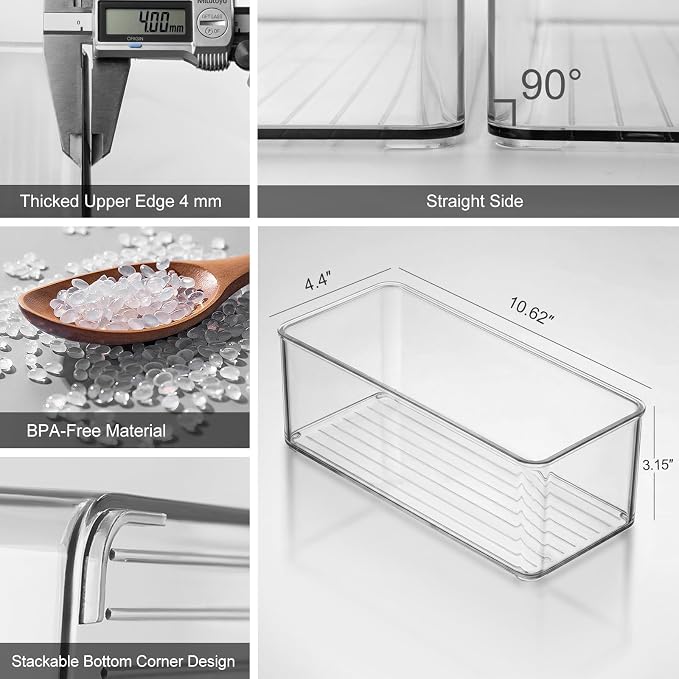 Hudgan 4 Packs Refrigerator Organizers and Storage, 4 Small Stackable Clear Plastic Bins for Pantry Organizer, Home Edit, Kitchen Cabinet, Fridge, Bathroom, Office, Drawer