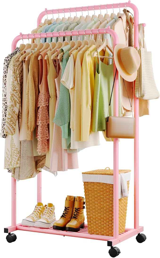 Sakugi Clothes Rack - Double Rods Clothing Rack with Mesh Shelf, Hooks & Wheels, Metal Clothing Racks for Hanging Clothes & Bags, Multifunctional Garment Rack for Laundry, Pink, 28.7" x 16.5" x 59.1"