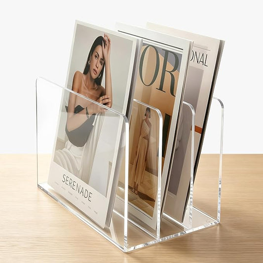 Acrylic Magazine File Holder, 3-Section A4 Desk Organizer | Fits A4 documents, 11.22"W x 7.68"H x 6.69"D, ideal for letters, folders & notebooks, 5mm thick premium clear acrylic