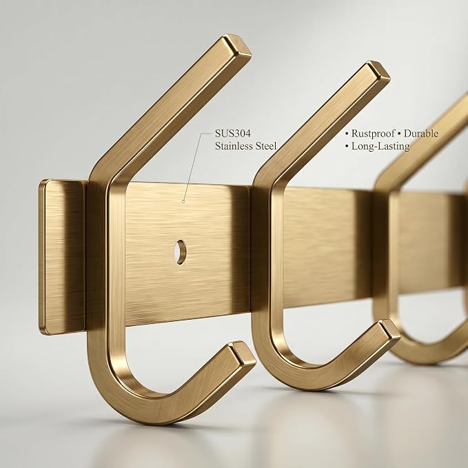 Brushed Gold Wall Mounted Coat Rack – 12 Inch Stainless Steel Rail with 4 Double Coat Hooks for Entryway, Bathroom, Bedroom, Kitchen – Modern Gold Hook Rack for Coats, Hats, Towels