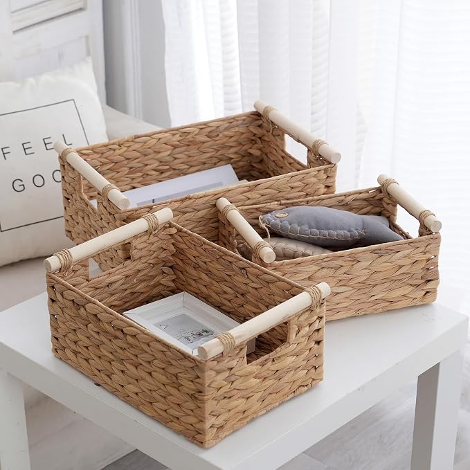 Woven Storage Baskets, Wicker Shelf Baskets, 3-Pack, 3 Sizes | 3-piece rectangular woven basket set in small, medium and large sizes; natural wicker organizers for shelves and cabinets.