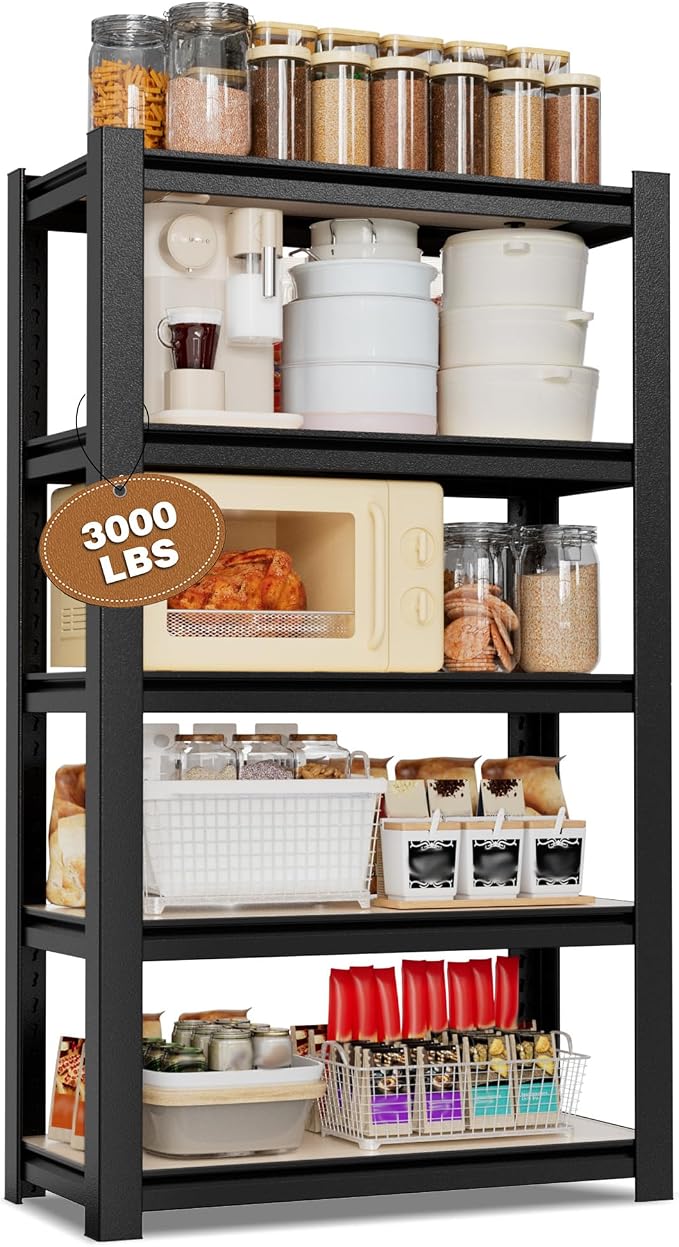 WORKPRO 5-Tier Black Shelving with Board, 24.1”Wx16.2”Dx60”H, 3000LBS Load | Boltless, Adjustable,Waterproof Board, 3000lbs Heavy Duty